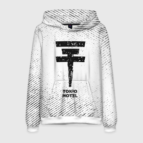 Мужская толстовка 3D с принтом Tokio Hotel с потертостями на светлом фоне в Кировске, 100% полиэстер | двухслойный капюшон со шнурком для регулировки, мягкие манжеты на рукавах и по низу толстовки, спереди карман-кенгуру с мягким внутренним слоем. | 