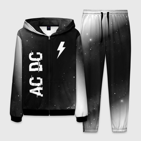 Мужской костюм 3D с принтом AC DC glitch на темном фоне: надпись, символ в Кировске, 100% полиэстер | Манжеты и пояс оформлены тканевой резинкой, двухслойный капюшон со шнурком для регулировки, карманы спереди | 