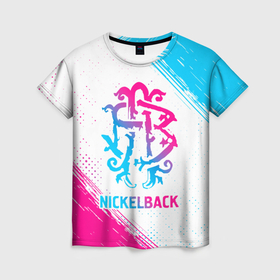Женская футболка 3D с принтом Nickelback neon gradient style в Новосибирске, 100% полиэфир ( синтетическое хлопкоподобное полотно) | прямой крой, круглый вырез горловины, длина до линии бедер | 