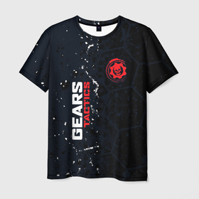 Мужская футболка 3D с принтом Gears of War красно белой лого на темном фоне в Курске, 100% полиэфир | прямой крой, круглый вырез горловины, длина до линии бедер | 