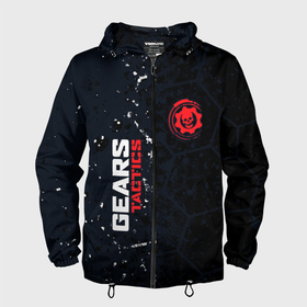 Мужская ветровка 3D с принтом Gears of War красно белой лого на темном фоне в Екатеринбурге, 100% полиэстер | подол и капюшон оформлены резинкой с фиксаторами, два кармана без застежек по бокам, один потайной карман на груди | 
