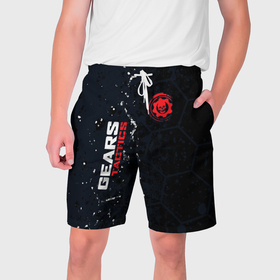 Мужские шорты 3D с принтом Gears of War красно белой лого на темном фоне в Белгороде,  полиэстер 100% | прямой крой, два кармана без застежек по бокам. Мягкая трикотажная резинка на поясе, внутри которой широкие завязки. Длина чуть выше колен | 