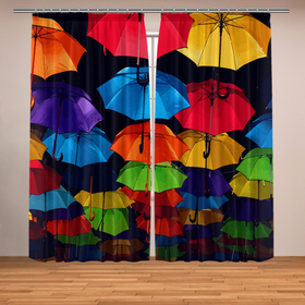 Фотошторы с принтом Разноцветные зонтики   композиция в Тюмени, Блэкаут (светозащита 90%) / Габардин (светозащита 40% | 2 полотна шириной по 145 см; Высота 200-300 см; Крепление: шторная лента (на крючки); | 
