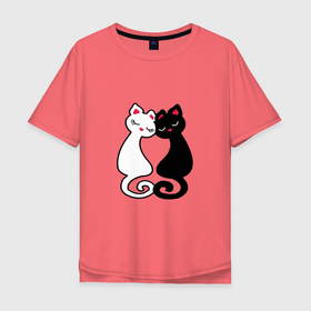 Мужская футболка хлопок Oversize с принтом Черный кот и белая кошечка в Екатеринбурге, 100% хлопок | свободный крой, круглый ворот, “спинка” длиннее передней части | 