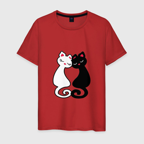 Мужская футболка хлопок с принтом Черный кот и белая кошечка в Екатеринбурге, 100% хлопок | прямой крой, круглый вырез горловины, длина до линии бедер, слегка спущенное плечо. | 