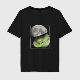 Мужская футболка хлопок Oversize с принтом Луна фрукт киви в разрезе в Курске, 100% хлопок | свободный крой, круглый ворот, “спинка” длиннее передней части | 