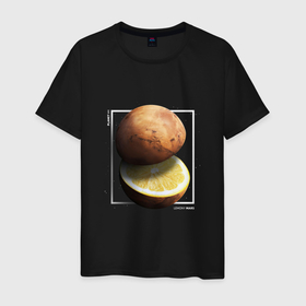 Мужская футболка хлопок с принтом Планета Марс лимон в разрезе в Белгороде, 100% хлопок | прямой крой, круглый вырез горловины, длина до линии бедер, слегка спущенное плечо. | 