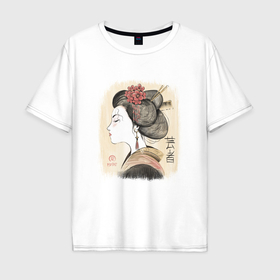 Мужская футболка хлопок Oversize с принтом Гейша в японском стиле   рисунок мелками Укиё Э в Санкт-Петербурге, 100% хлопок | свободный крой, круглый ворот, “спинка” длиннее передней части | 