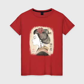 Женская футболка хлопок с принтом Гейша в японском стиле   рисунок мелками Укиё Э в Новосибирске, 100% хлопок | прямой крой, круглый вырез горловины, длина до линии бедер, слегка спущенное плечо | 