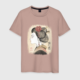 Мужская футболка хлопок с принтом Гейша в японском стиле   рисунок мелками Укиё Э в Новосибирске, 100% хлопок | прямой крой, круглый вырез горловины, длина до линии бедер, слегка спущенное плечо. | 