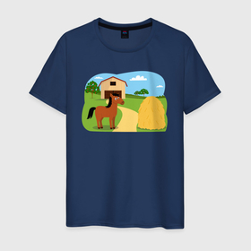 Мужская футболка хлопок с принтом Лошадка на ферме в Петрозаводске, 100% хлопок | прямой крой, круглый вырез горловины, длина до линии бедер, слегка спущенное плечо. | Тематика изображения на принте: 