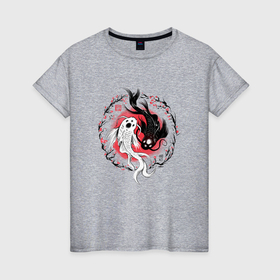 Женская футболка хлопок с принтом Японские рыбы кои инь янь   рисунок мелками в Курске, 100% хлопок | прямой крой, круглый вырез горловины, длина до линии бедер, слегка спущенное плечо | 