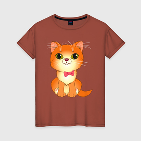 Женская футболка хлопок с принтом Милый оранжевый котик сидит , 100% хлопок | прямой крой, круглый вырез горловины, длина до линии бедер, слегка спущенное плечо | 