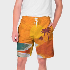 Мужские шорты 3D с принтом Закат на побережье минимализм в Белгороде,  полиэстер 100% | прямой крой, два кармана без застежек по бокам. Мягкая трикотажная резинка на поясе, внутри которой широкие завязки. Длина чуть выше колен | 