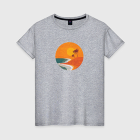 Женская футболка хлопок с принтом Две пальмы на пляже во время заката минимализм в Курске, 100% хлопок | прямой крой, круглый вырез горловины, длина до линии бедер, слегка спущенное плечо | 