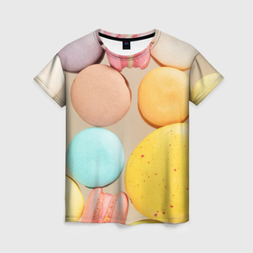 Женская футболка 3D с принтом Разноцветные пирожные Макарон в Екатеринбурге, 100% полиэфир ( синтетическое хлопкоподобное полотно) | прямой крой, круглый вырез горловины, длина до линии бедер | 