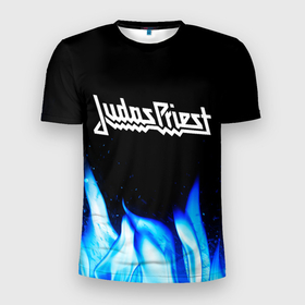 Мужская футболка 3D Slim с принтом Judas Priest blue fire , 100% полиэстер с улучшенными характеристиками | приталенный силуэт, круглая горловина, широкие плечи, сужается к линии бедра | 