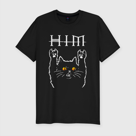Мужская футболка хлопок Slim с принтом HIM rock cat в Курске, 92% хлопок, 8% лайкра | приталенный силуэт, круглый вырез ворота, длина до линии бедра, короткий рукав | 