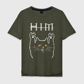 Мужская футболка хлопок Oversize с принтом HIM rock cat в Курске, 100% хлопок | свободный крой, круглый ворот, “спинка” длиннее передней части | 