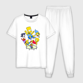 Мужская пижама хлопок с принтом Персонажи из мультфильма Симпсоны на батуте в Тюмени, 100% хлопок | брюки и футболка прямого кроя, без карманов, на брюках мягкая резинка на поясе и по низу штанин
 | 