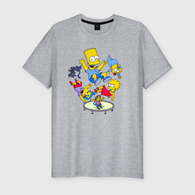 Мужская футболка хлопок Slim с принтом Персонажи из мультфильма Симпсоны на батуте , 92% хлопок, 8% лайкра | приталенный силуэт, круглый вырез ворота, длина до линии бедра, короткий рукав | 