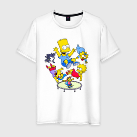 Мужская футболка хлопок с принтом Персонажи из мультфильма Симпсоны на батуте в Санкт-Петербурге, 100% хлопок | прямой крой, круглый вырез горловины, длина до линии бедер, слегка спущенное плечо. | 