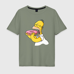 Мужская футболка хлопок Oversize с принтом Гомер Симпсон нацелился на пончик в Екатеринбурге, 100% хлопок | свободный крой, круглый ворот, “спинка” длиннее передней части | 