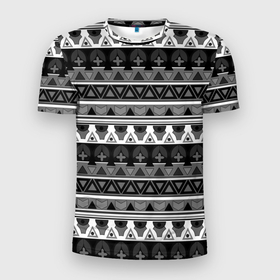 Мужская футболка 3D Slim с принтом Черно белый скандинавский орнамент в Екатеринбурге, 100% полиэстер с улучшенными характеристиками | приталенный силуэт, круглая горловина, широкие плечи, сужается к линии бедра | 