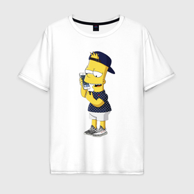 Мужская футболка хлопок Oversize с принтом Барт Симпсон болтает по мобильнику в Тюмени, 100% хлопок | свободный крой, круглый ворот, “спинка” длиннее передней части | 