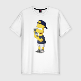 Мужская футболка хлопок Slim с принтом Барт Симпсон болтает по мобильнику в Тюмени, 92% хлопок, 8% лайкра | приталенный силуэт, круглый вырез ворота, длина до линии бедра, короткий рукав | 
