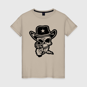 Женская футболка хлопок с принтом Череп с револьвером и в шляпе в Кировске, 100% хлопок | прямой крой, круглый вырез горловины, длина до линии бедер, слегка спущенное плечо | 