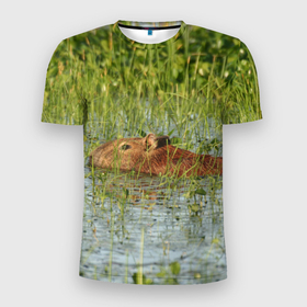 Мужская футболка 3D Slim с принтом Капибара плывёт в Екатеринбурге, 100% полиэстер с улучшенными характеристиками | приталенный силуэт, круглая горловина, широкие плечи, сужается к линии бедра | Тематика изображения на принте: 