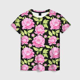 Женская футболка 3D с принтом Розовые пионы на черном в Кировске, 100% полиэфир ( синтетическое хлопкоподобное полотно) | прямой крой, круглый вырез горловины, длина до линии бедер | 