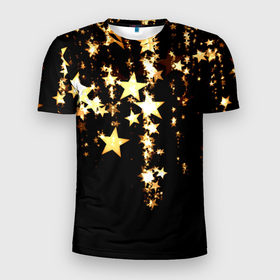 Мужская футболка 3D Slim с принтом Золотые праздничные звезды , 100% полиэстер с улучшенными характеристиками | приталенный силуэт, круглая горловина, широкие плечи, сужается к линии бедра | 
