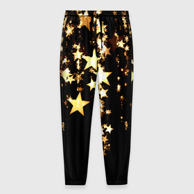 Мужские брюки 3D с принтом Золотые праздничные звезды в Тюмени, 100% полиэстер | манжеты по низу, эластичный пояс регулируется шнурком, по бокам два кармана без застежек, внутренняя часть кармана из мелкой сетки | 