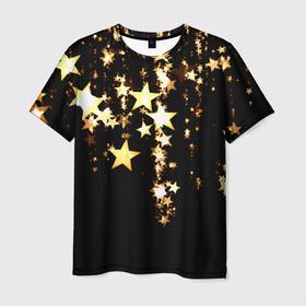 Мужская футболка 3D с принтом Золотые праздничные звезды в Тюмени, 100% полиэфир | прямой крой, круглый вырез горловины, длина до линии бедер | 