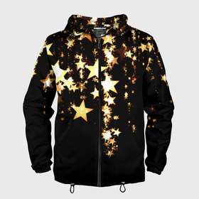 Мужская ветровка 3D с принтом Золотые праздничные звезды в Тюмени, 100% полиэстер | подол и капюшон оформлены резинкой с фиксаторами, два кармана без застежек по бокам, один потайной карман на груди | 