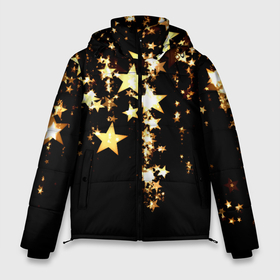 Мужская зимняя куртка 3D с принтом Золотые праздничные звезды в Тюмени, верх — 100% полиэстер; подкладка — 100% полиэстер; утеплитель — 100% полиэстер | длина ниже бедра, свободный силуэт Оверсайз. Есть воротник-стойка, отстегивающийся капюшон и ветрозащитная планка. 

Боковые карманы с листочкой на кнопках и внутренний карман на молнии. | 