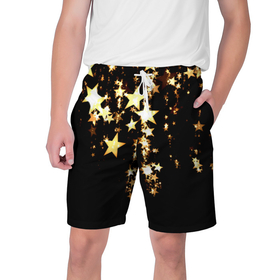 Мужские шорты 3D с принтом Золотые праздничные звезды в Тюмени,  полиэстер 100% | прямой крой, два кармана без застежек по бокам. Мягкая трикотажная резинка на поясе, внутри которой широкие завязки. Длина чуть выше колен | 