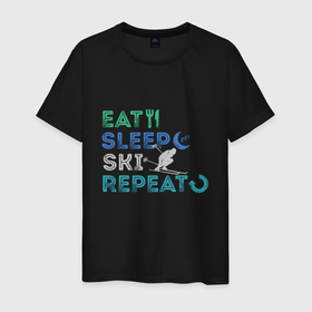 Мужская футболка хлопок с принтом Еда, сон, лыжи в Санкт-Петербурге, 100% хлопок | прямой крой, круглый вырез горловины, длина до линии бедер, слегка спущенное плечо. | 