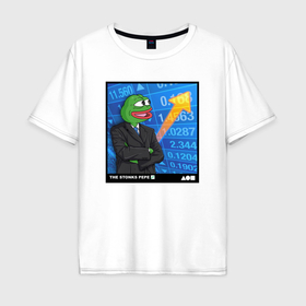 Мужская футболка хлопок Oversize с принтом Pepe Stonks в Екатеринбурге, 100% хлопок | свободный крой, круглый ворот, “спинка” длиннее передней части | 