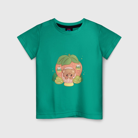 Детская футболка хлопок с принтом Милый медвежонок в клубничном домике , 100% хлопок | круглый вырез горловины, полуприлегающий силуэт, длина до линии бедер | Тематика изображения на принте: 