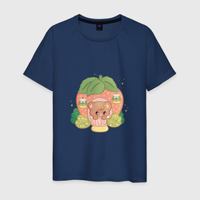Мужская футболка хлопок с принтом Милый медвежонок в клубничном домике в Белгороде, 100% хлопок | прямой крой, круглый вырез горловины, длина до линии бедер, слегка спущенное плечо. | 