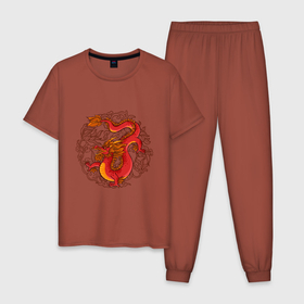 Мужская пижама хлопок с принтом Огненный Дракон с орнаментом в Тюмени, 100% хлопок | брюки и футболка прямого кроя, без карманов, на брюках мягкая резинка на поясе и по низу штанин
 | Тематика изображения на принте: 