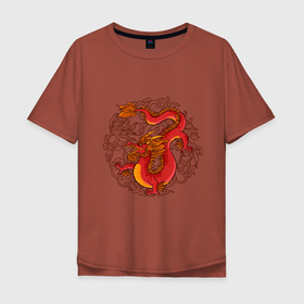 Мужская футболка хлопок Oversize с принтом Огненный Дракон с орнаментом в Новосибирске, 100% хлопок | свободный крой, круглый ворот, “спинка” длиннее передней части | 