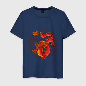 Мужская футболка хлопок с принтом Огненный Дракон с орнаментом в Новосибирске, 100% хлопок | прямой крой, круглый вырез горловины, длина до линии бедер, слегка спущенное плечо. | 