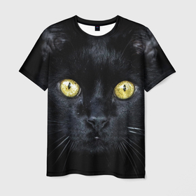 Мужская футболка 3D с принтом Кот черный в Кировске, 100% полиэфир | прямой крой, круглый вырез горловины, длина до линии бедер | 