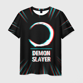 Мужская футболка 3D с принтом Символ Demon Slayer в стиле glitch на темном фоне в Екатеринбурге, 100% полиэфир | прямой крой, круглый вырез горловины, длина до линии бедер | Тематика изображения на принте: 