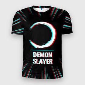 Мужская футболка 3D Slim с принтом Символ Demon Slayer в стиле glitch на темном фоне в Екатеринбурге, 100% полиэстер с улучшенными характеристиками | приталенный силуэт, круглая горловина, широкие плечи, сужается к линии бедра | 
