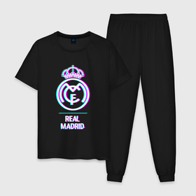 Мужская пижама хлопок с принтом Real Madrid FC в стиле glitch в Екатеринбурге, 100% хлопок | брюки и футболка прямого кроя, без карманов, на брюках мягкая резинка на поясе и по низу штанин
 | 